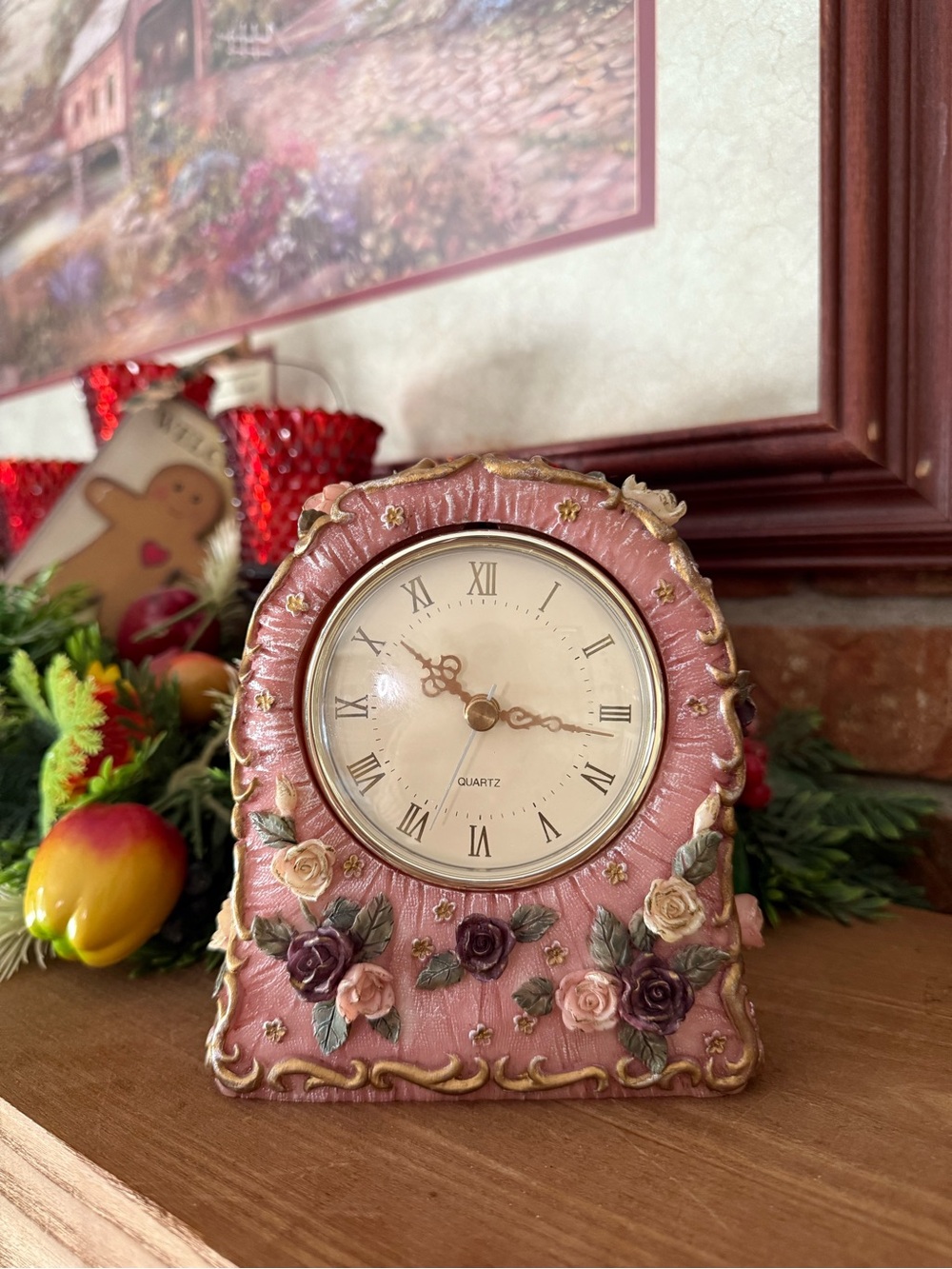 Vintage 1991 Swiss Roses Victorian Floral Quartz Table Clock – Pink Roses